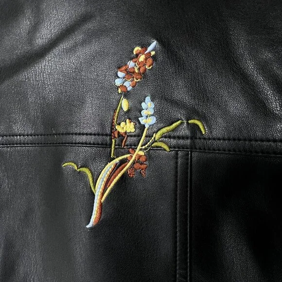 Christopher & Banks Black Faux Leather Jacket Floral Embroidery Snap Zip Large - Picture 12 of 16